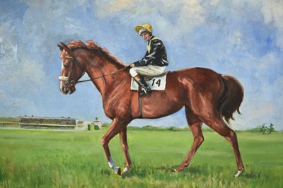 Lot 1265 - John Orr, contemporary, oil on canvas - Horse and Jockey, 'Mr Vernon Mullings "Cider with Rosie", Winner of The S.K.F Cesarewitch 1972, With M.L. (Taffy) Thomas up', signed and dated '72, 60cm x 75...