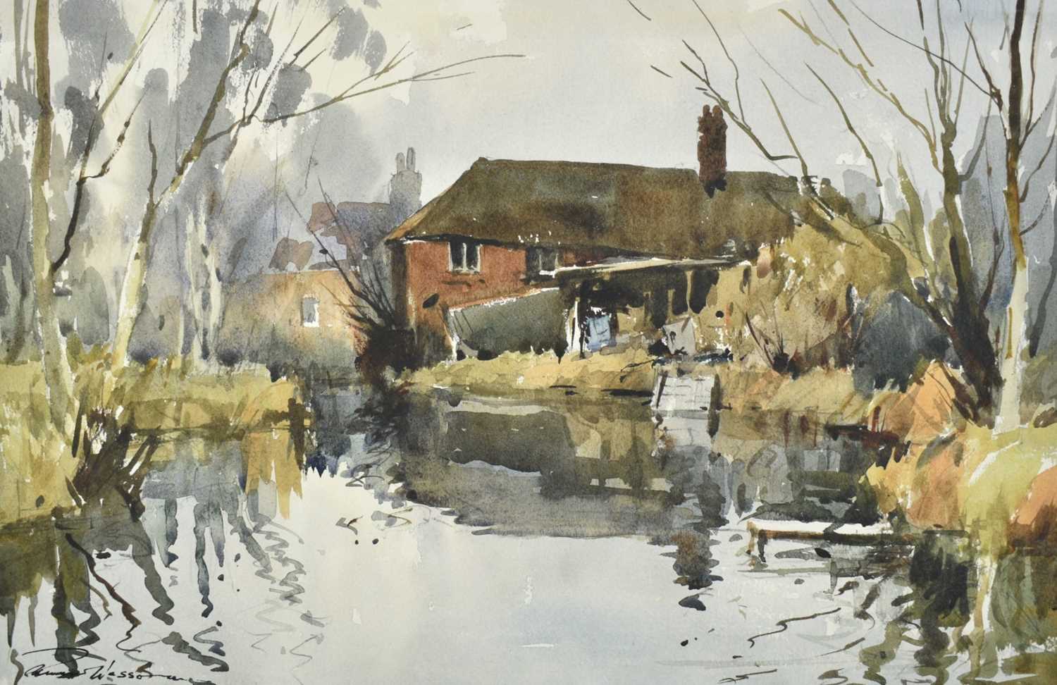 Lot 165 - *Edward Wesson (1910-1983) watercolour and ink study- 'Near Shalford Mill', signed, 31.5cm x 48.5cm, in mount. 
Provenance: Shalford Gallery, Guildford