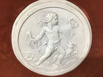 Lot 980 - Victorian parian ware relief plaque together with a set of four plaster roundels