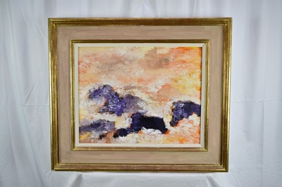 Lot 993 - Albert Houthuessen (1903-1973), acrylic on canvas, sunset sea over purple rock