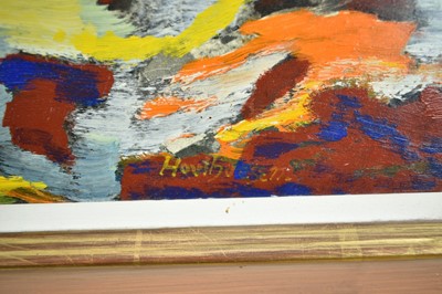 Lot 992 - Albert Houthuessen (1903-1973), acrylic and collage on board, sun over long coast