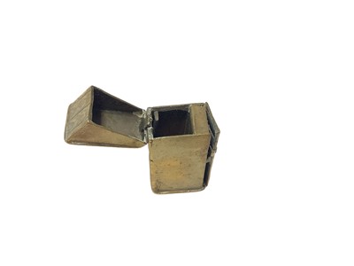 Lot 5 - Victorian brass novelty Vesta case in the form of an outside privy with opening door revealing seated figure 50mm high and another in the form of a brass violin case (2)