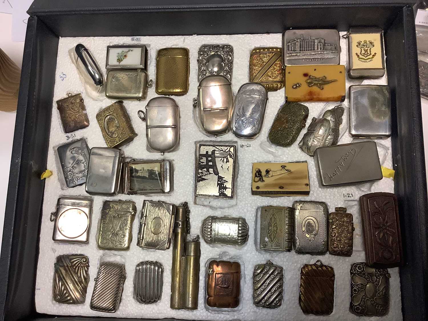 Lot 85 - Collection of Victorian and later Vesta boxes and match box holders including combination silver Vesta and Soverign case ( damaged) Royal, novelty and advertising ( 40 plus)