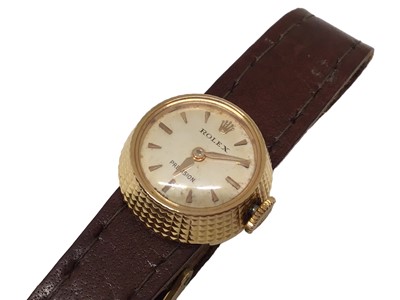 Lot 92 - 1950s Rolex Precision 18ct gold cased ladies wristwatch on integral brown leather strap