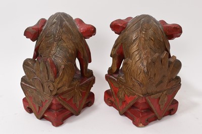 Lot 874 - Antique Chinese carved gilt Buddhist lion and pair of carved guardians
