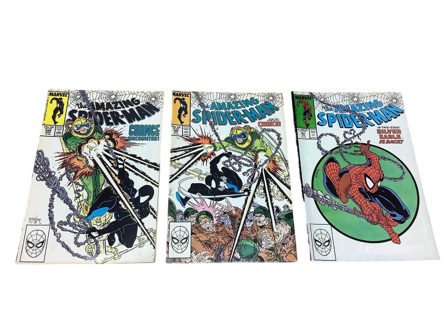 Lot 22 - Marvel Comics The Amazing Spider-Man #298 #299 #301 (1988) Includes Todd McFarlane's first issue as cover and interior artist of the title. First appearance of Eddie Brock, who later becomes Venom....