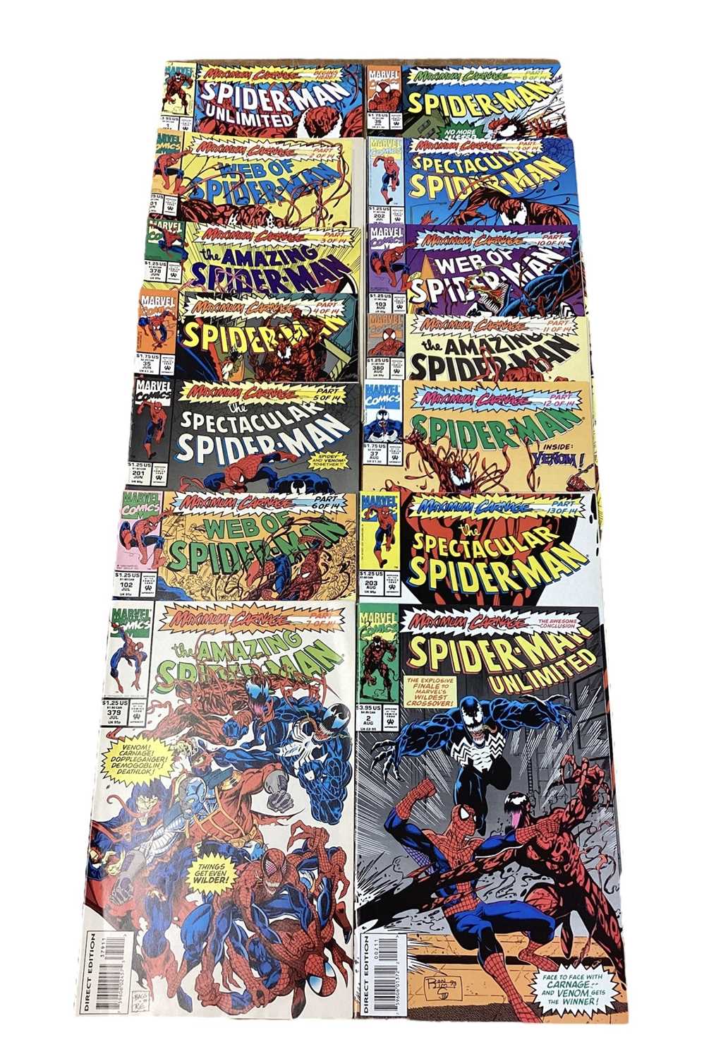 Lot 47 - Marvel Comics Spider-Man "Maximum Carnage" complete storyline part 1 - 14, 1993 (American price variants). Part 2 back and front cover is detached. (14)