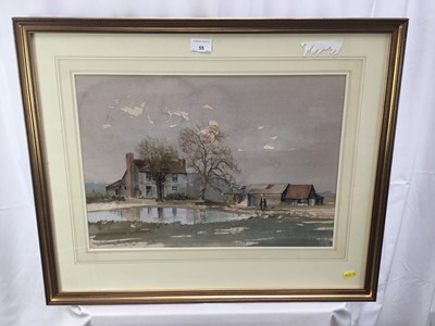 Lot 55 - Frank Alwin, contemporary, watercolour, farmhouse with pond and depicting two figures with dog returning from shooting, signed, in glazed gilt frame