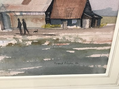 Lot 55 - Frank Alwin, contemporary, watercolour, farmhouse with pond and depicting two figures with dog returning from shooting, signed, in glazed gilt frame