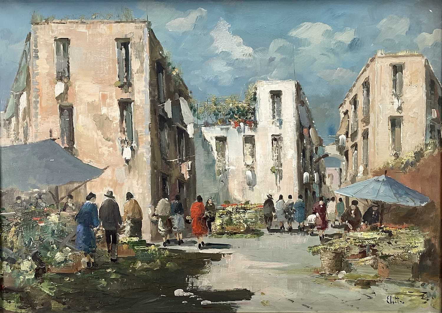Lot 205 - Giuseppe Elettro (20th Century Italian) oil on canvas - Continental street scene, signed, 50cm x 70cm, framed.Provenance: Cooling Galleries, 92 New Bond Street, London, W1.