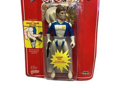 Lot 97 - Galoob (c1986) Adventures of the Galaxy Rangers Zachery Foxx (Galaxy Ranger) 7" action figure with quick draw action (not tested), on card (slight crease to hanger part) & bubblepack (dented corner...