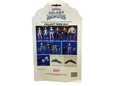 Lot 97 - Galoob (c1986) Adventures of the Galaxy Rangers Zachery Foxx (Galaxy Ranger) 7" action figure with quick draw action (not tested), on card (slight crease to hanger part) & bubblepack (dented corner...