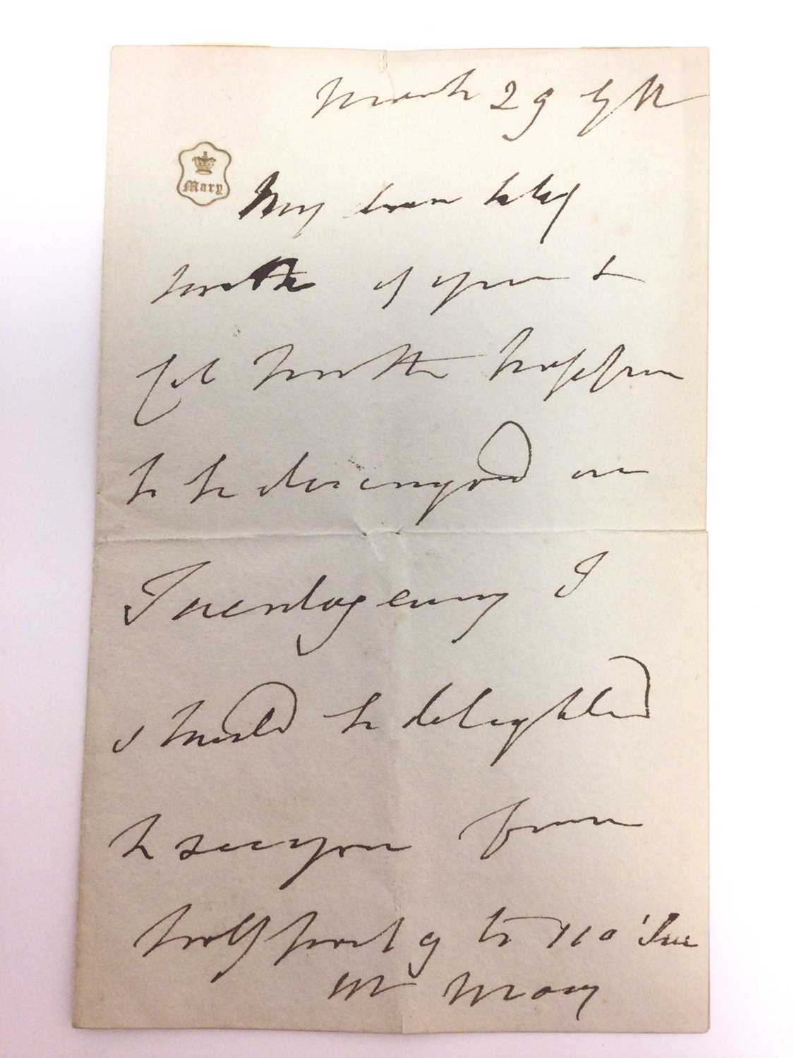 Lot 78 - H.R.H. Princess Mary Duchess of Gloucester and Edinburgh (1776-1857) the longest surviving child of King George III and Queen Charlotte, handwritten letter dated March 29th