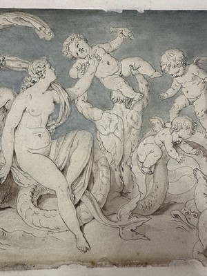 Lot 15 - Ink and wash drawing of Greek figures, laid on card, 18.5cm x 38cm, in glazed frame