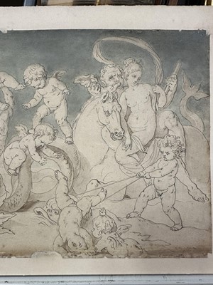 Lot 15 - Ink and wash drawing of Greek figures, laid on card, 18.5cm x 38cm, in glazed frame