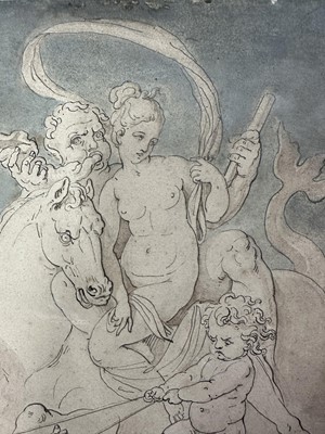 Lot 15 - Ink and wash drawing of Greek figures, laid on card, 18.5cm x 38cm, in glazed frame