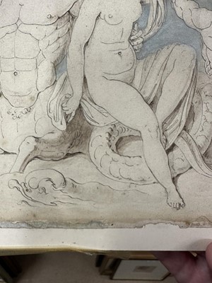 Lot 15 - Ink and wash drawing of Greek figures, laid on card, 18.5cm x 38cm, in glazed frame