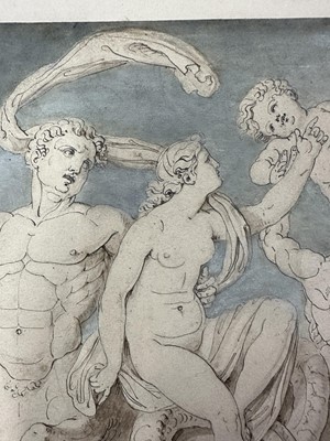 Lot 15 - Ink and wash drawing of Greek figures, laid on card, 18.5cm x 38cm, in glazed frame