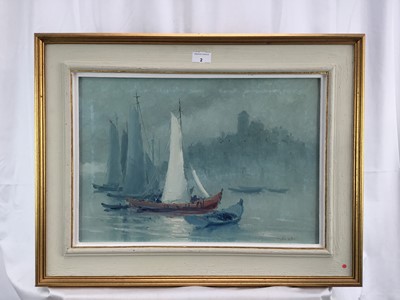 Lot 2 - Tulio Silva, oil on canvas - Boats in a Lagoon, signed, 35cm x 50.5cm, framed