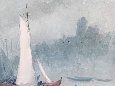 Lot 2 - Tulio Silva, oil on canvas - Boats in a Lagoon, signed, 35cm x 50.5cm, framed