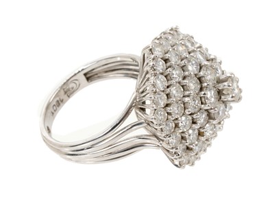 Lot 578 - Diamond cluster ring with a hexagonal tiered cluster of brilliant cut diamonds estimated to weigh to weigh approximately 3.8cts in total, in 18ct white gold setting, ring size M.