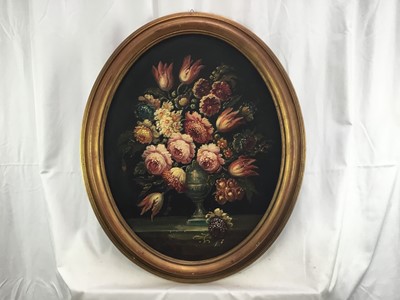Lot 84 - French School mid 20th century, oval oil on canvas - A still life of summer flowers in a vase, in gilt frame. 48 x 38cm.