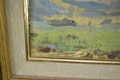 Lot 25 - Manner of Diana Armfield (b.1920) oil on board - Extensive Landscape, bearing initials, 15cm x 23.5cm, framed