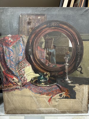 Lot 93 - British school, unsigned oil on canvas, self portrait  in a mirror, 61cm x 51cm, unframed