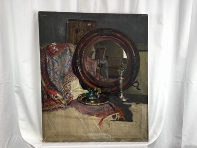 Lot 93 - British school, unsigned oil on canvas, self portrait  in a mirror, 61cm x 51cm, unframed