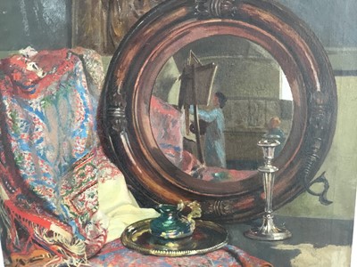Lot 93 - British school, unsigned oil on canvas, self portrait  in a mirror, 61cm x 51cm, unframed