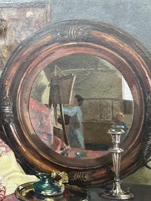 Lot 93 - British school, unsigned oil on canvas, self portrait  in a mirror, 61cm x 51cm, unframed