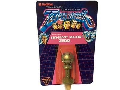 Lot 92 - Bandai (c1983) Gerry Anderson & Christopher Burrs Terrahawks action figures including Captain Mary Falconer No.0988723, Lieutenat Hawkeye No.0988724, Doctor Ninestein No.0988721, Space Sergeant 101...