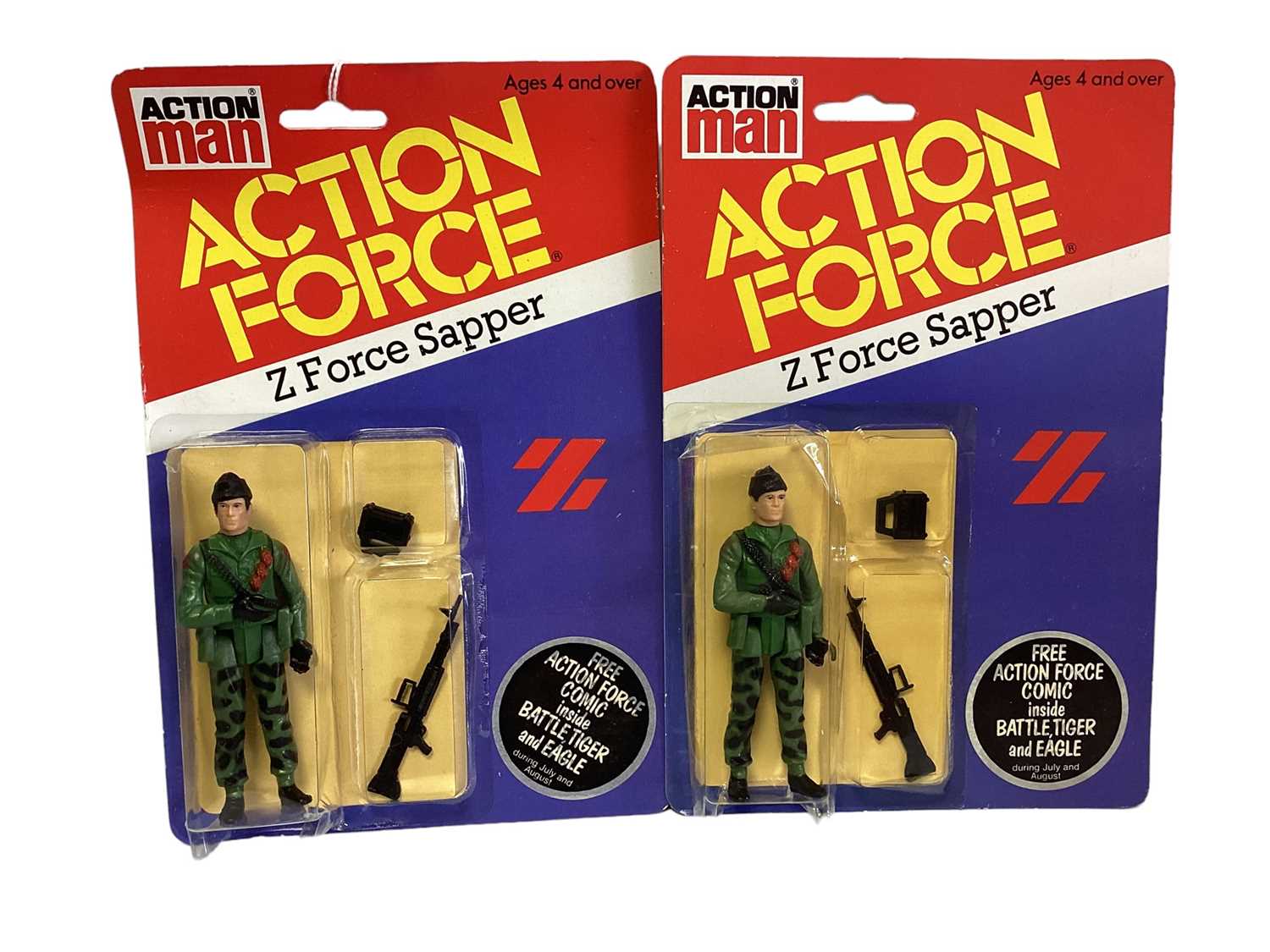 Lot 17 - Palitoy Action Man Action Force Z Force Sapper (x2) & Infantryman (x3), on card with blister pack (5)
