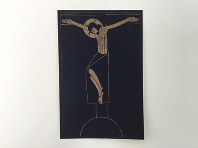 Lot 24 - Eric Gill (1882-1940) wood engraving, Crucifix, 1917, (Skelton P89) printed with gilt ink, after a crucifix in a window at York Minster,, 13 x 8.6cm. Provenance: Gifted by Gill to his Chaplain, Dr....
