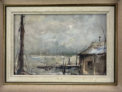 Lot 31 - Peter Gilman (1928-1984) oil on board - Harbour View, probably Walberswick, signed and dated '71, framed