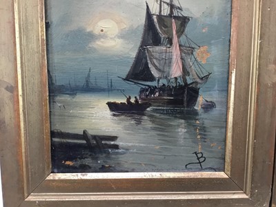 Lot 95 - English School 19th century, oils on board, fishing vessel beached by cliffs, and a sailing barge at anchor, a pair of in gilt frames, initialled J.B. Each 19 x 14cm. (2)
