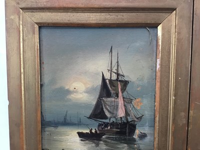 Lot 95 - English School 19th century, oils on board, fishing vessel beached by cliffs, and a sailing barge at anchor, a pair of in gilt frames, initialled J.B. Each 19 x 14cm. (2)