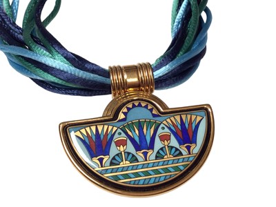 Lot 112 - Michaela Frey Egyptian style necklace with a gold plated enamelled half moon pendant, signed M. Frey Wien