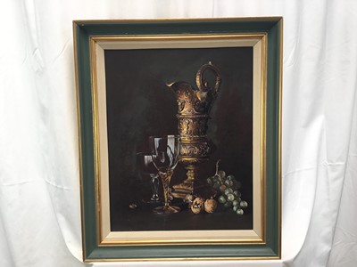Lot 66 - Peter F. Fuller, oil on canvas - Still life of a wine ewer and glasses, fruit and walnuts, signed, 49cm x 39cm, framed
