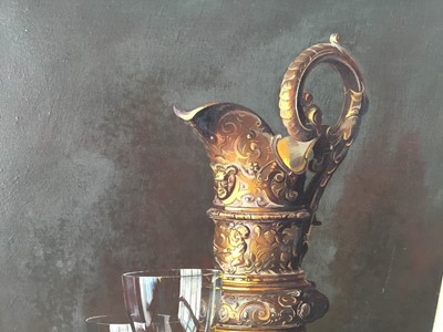 Lot 66 - Peter F. Fuller, oil on canvas - Still life of a wine ewer and glasses, fruit and walnuts, signed, 49cm x 39cm, framed