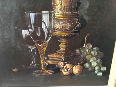 Lot 66 - Peter F. Fuller, oil on canvas - Still life of a wine ewer and glasses, fruit and walnuts, signed, 49cm x 39cm, framed