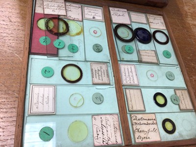 Lot 2554 - Interesting collection of approximately 160 19th century microscope slides with ink annotations, some dated, both animal and botanical samples noted including 'section kidney of monkey', 'hairs- ba...