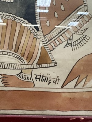 Lot 1147 - Sita Devi (Indian, 1914-2005) ink and paint on paper, 1960s/70s Madhubani folk painting of the Goddess Durga