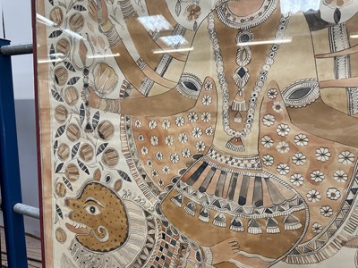 Lot 1147 - Sita Devi (Indian, 1914-2005) ink and paint on paper, 1960s/70s Madhubani folk painting of the Goddess Durga