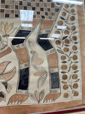 Lot 1147 - Sita Devi (Indian, 1914-2005) ink and paint on paper, 1960s/70s Madhubani folk painting of the Goddess Durga