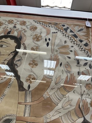 Lot 1147 - Sita Devi (Indian, 1914-2005) ink and paint on paper, 1960s/70s Madhubani folk painting of the Goddess Durga