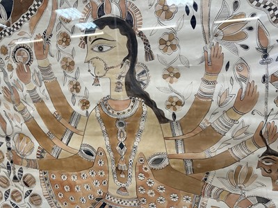 Lot 1147 - Sita Devi (Indian, 1914-2005) ink and paint on paper, 1960s/70s Madhubani folk painting of the Goddess Durga