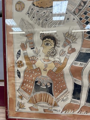 Lot 1147 - Sita Devi (Indian, 1914-2005) ink and paint on paper, 1960s/70s Madhubani folk painting of the Goddess Durga