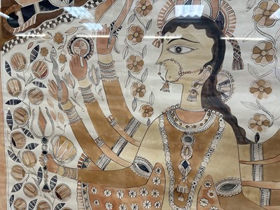 Lot 1147 - Sita Devi (Indian, 1914-2005) ink and paint on paper, 1960s/70s Madhubani folk painting of the Goddess Durga