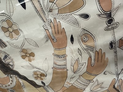 Lot 1147 - Sita Devi (Indian, 1914-2005) ink and paint on paper, 1960s/70s Madhubani folk painting of the Goddess Durga